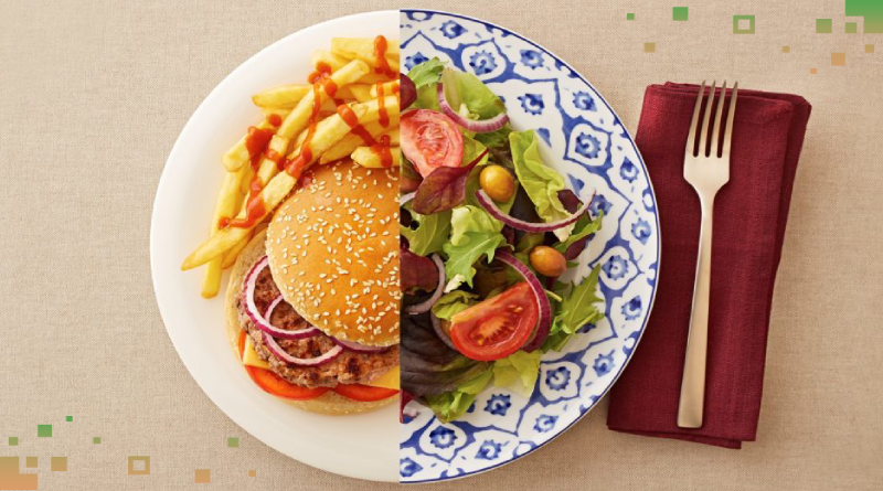 еда тарелка с едой правильное и неправильное питание тарелка гамбургером и салатом