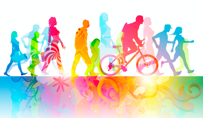 разноцветные люди ходьба велосипед здоровый образ жизни